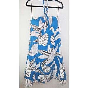 Cato Blue White Tropical Leaf Print Halter Sundress Beaded‎ Strap Women's 14